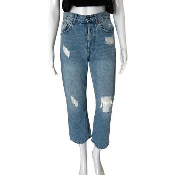 Anine Bing Denim - Anine Bing High Rise Straight Leg Distressed Cropped Cotton Denim Jeans Size 26